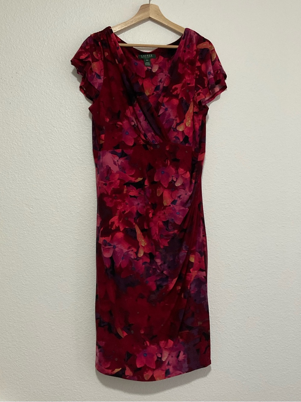 Lauren Ralph Lauren Women 16W Faux Wrap Dress Colorful Red Floral Flutter Sleeve